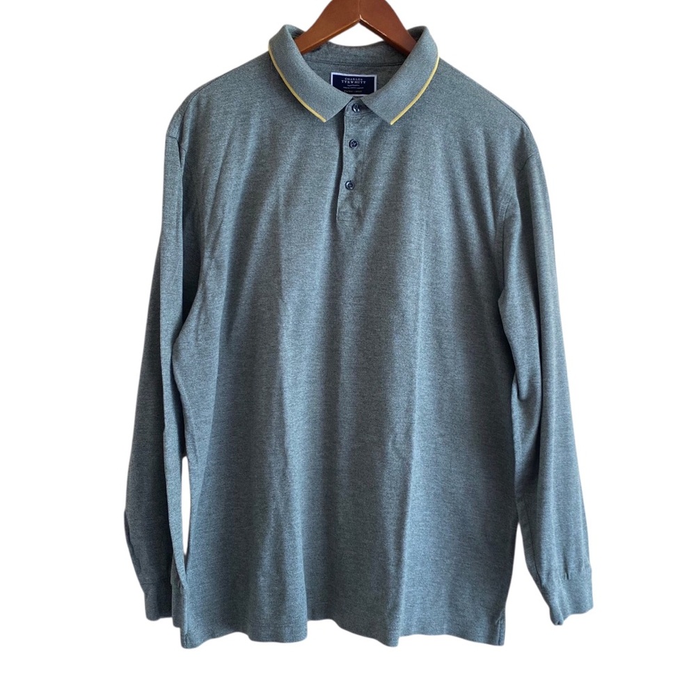 Charles Tyrwhitt Lyocell Cotton Long Sleeve Pique Polo Shirt Men XL Green Preppy